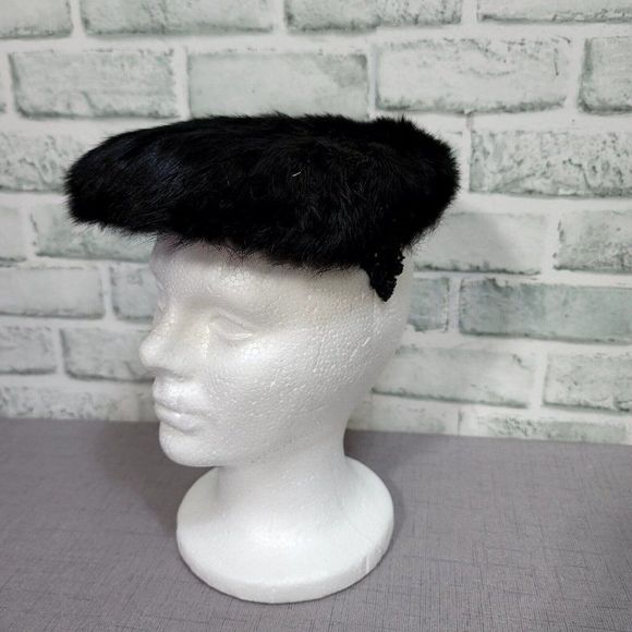 Vintage 50s 60s Black Mink Fur Hat Furry Halo Winter Fascinator Hat Sequin Side - Picture 1 of 8